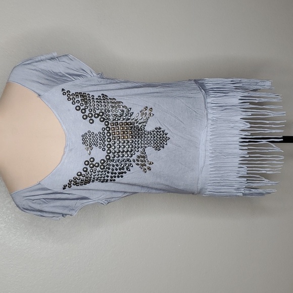 Double D Ranch Tops - Double D Ranch Large Gray Studded Aztec Eagle short Sleeve tee shirt with Fringe